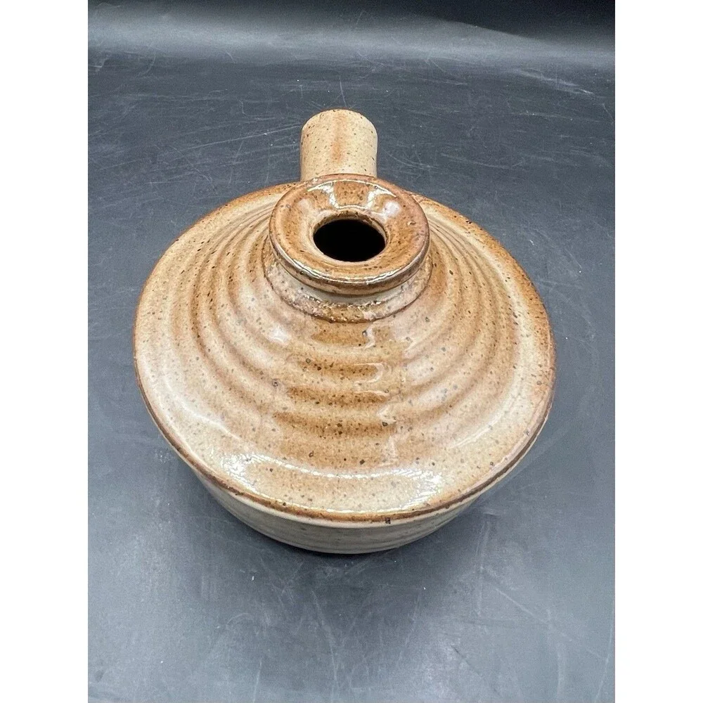 Vintage Brown Speckled Stoneware Soup Crock Bowl w Lid Side Handle Vented